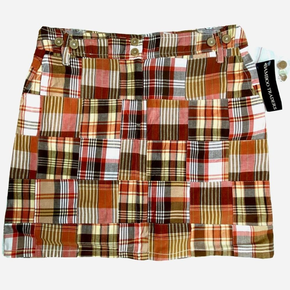 Bamboo Traders Brown Plaid Skirt Multicolor Patchwork Pockets 100% Cotton 10